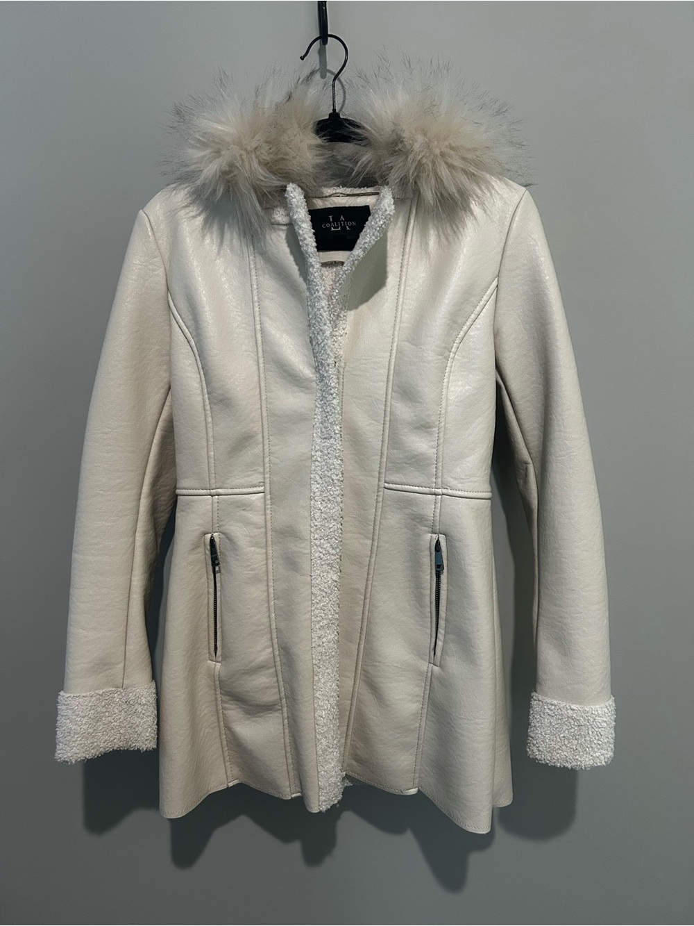Faux leather and black Shearling Trim Hooded Leather Jacket
